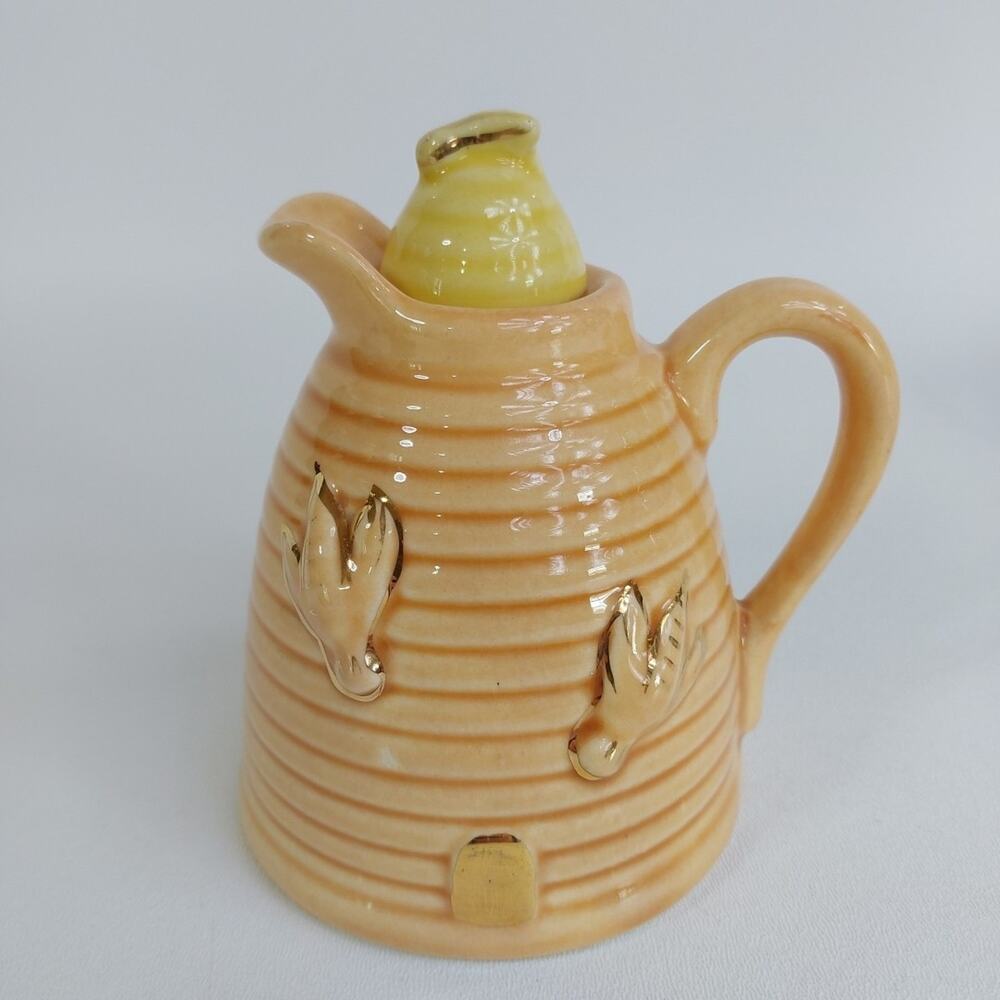 Vtg Ceramic Honey Pot w/ Handle & Spout Made In USA Gold Highlighted bee's‎